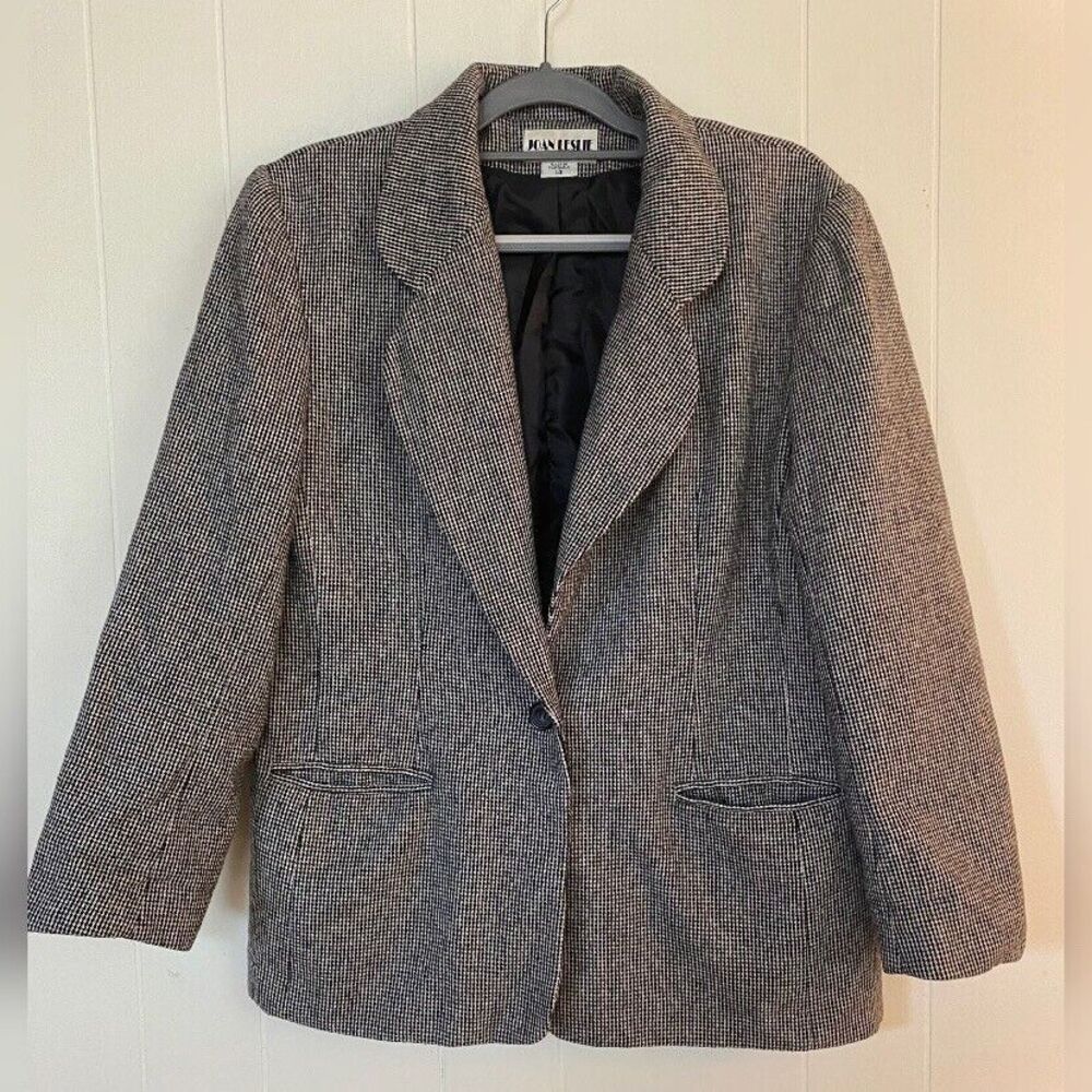 Joan Leslie Blazer Women’s 14 Black White Tweed Wool Blend Preppy Office Academi